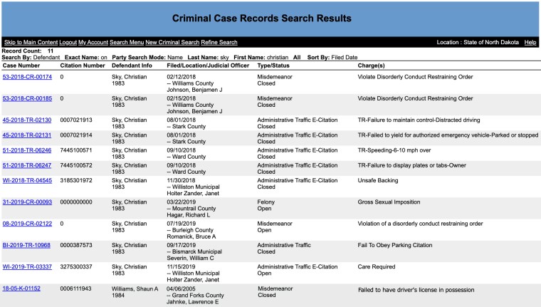 North Dakota official criminal case records search for Williams/Sky